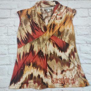 Dressbarn criss cross front blouse shirt red brown gold sleeveless metallic sz M